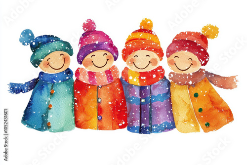 Four cheerful, snow-covered children in colorful winter outfits and hats smile joyfully, embodying the spirit of winter fun and friendship.