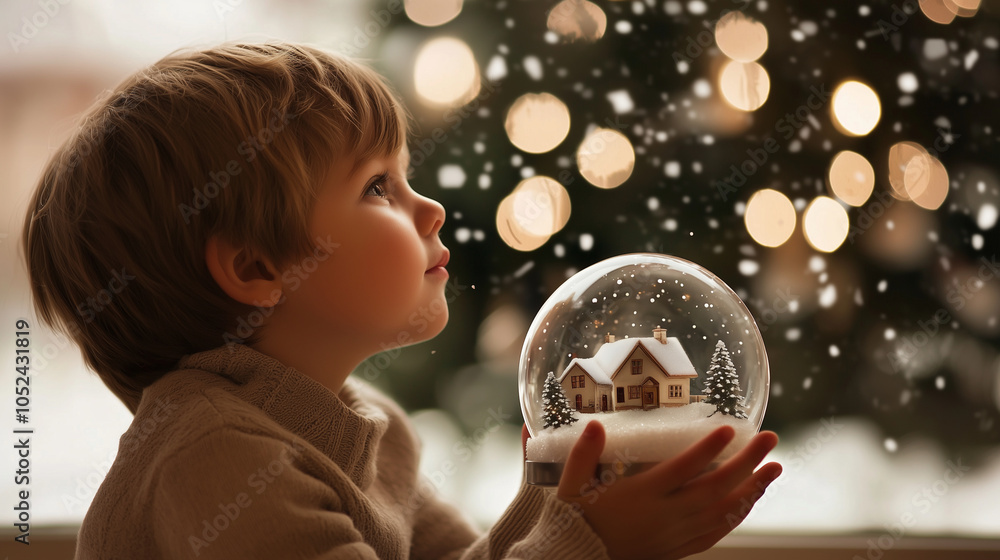 Naklejka premium Portrait of Child by Christmas Tree with Snow Globe