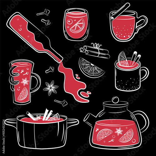 Winter drinks. Mulled wine ingredients. Punch in cup, mug, pot. Red wine, citrus, spices. Vector set on chalk board.