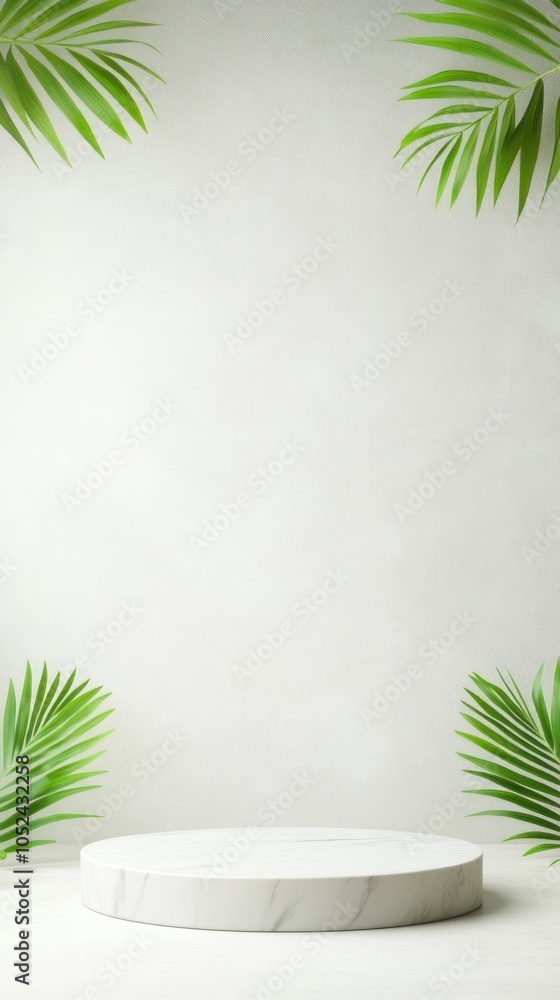 Circular marble platform surrounded by tropical palm leaves on a soft background. Circular marble platform surrounded by tropical palm leaves on a soft background.