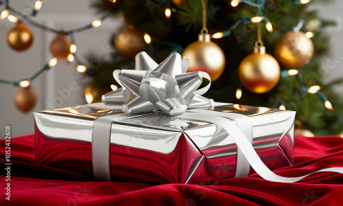 Elegant Christmas gift with a silver ribbon, placed on a plush red velvet cloth. Golden ornaments and sparkling lights reflect off the silver wrapping. Background is softly blurred with holiday decor. photo