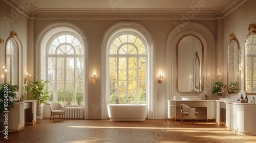 Luxurious bathroom with large windows and a bathtub.