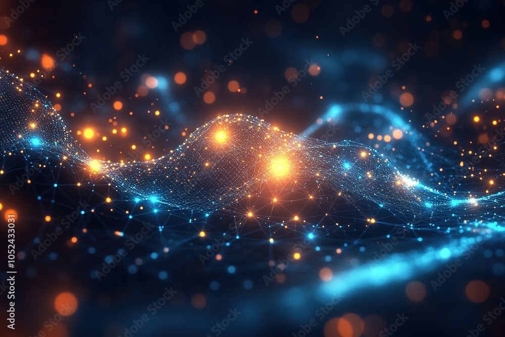 Obraz premium Abstract digital wave with glowing particles and connecting lines.