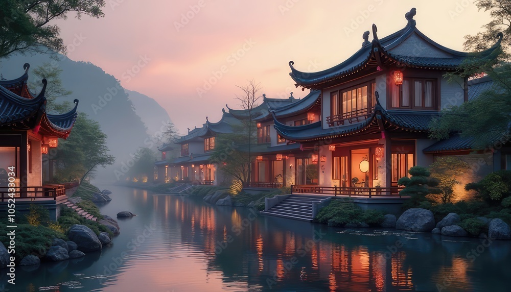 This painting depicts a Chinese-style building at dusk, with a river in front, surrounded by fog, trees, and rocks. Perfect for showcasing beautiful scenery in art collections and cultural present This painting depicts a Chinese-style building at dusk, with a river in front, surrounded by fog, trees, and rocks. Perfect for showcasing beautiful scenery in art collections and cultural present