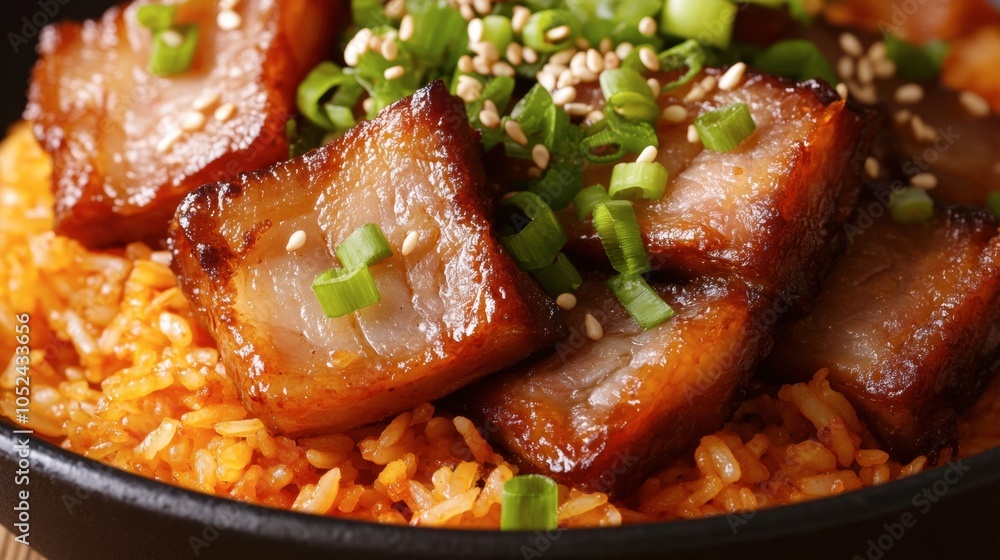 Delicious Pork Belly on Spicy Rice Dish Delicious Pork Belly on Spicy Rice Dish
