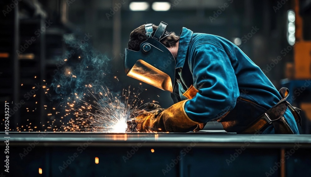 Sparks fly as the welder works, illuminating the surrounding space. Sparks fly as the welder works, illuminating the surrounding space.