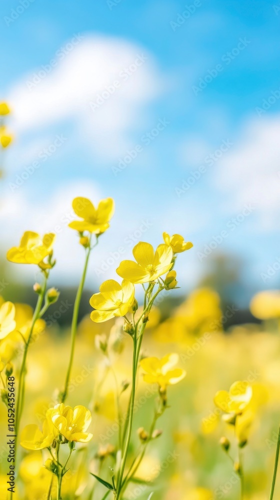Closeup of rapeseed flowers in a field, with a blurry background, on a sunny day under a blue sky Closeup of rapeseed flowers in a field, with a blurry background, on a sunny day under a blue sky