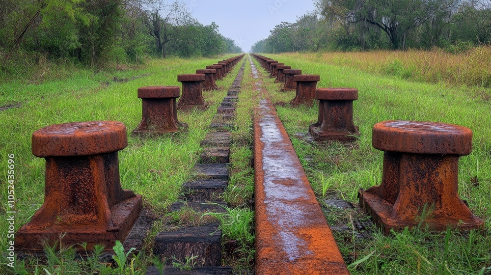 Abandoned Railroad Track with Grass and Rusty Posts Abandoned Railroad Track with Grass and Rusty Posts
