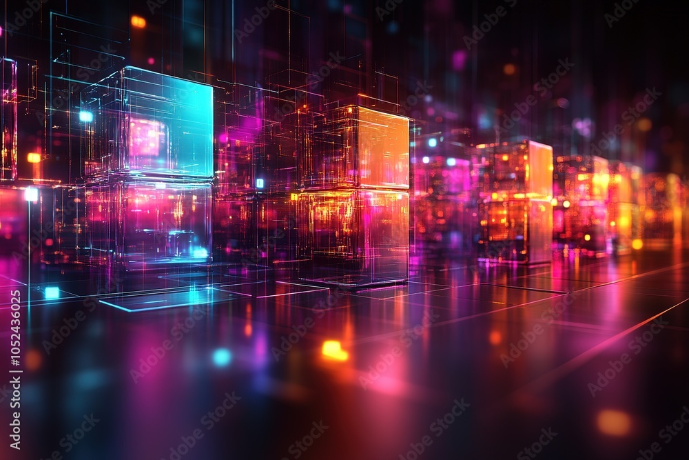 Obraz premium Abstract futuristic cityscape with glowing neon lights and geometric shapes.