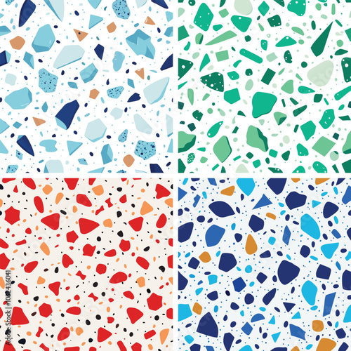 Terrazzo ice white blue coloured seamless pattern background 4 pack