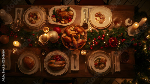 una mesa con platos servidos con la cena navideña tradicional en familia para celebrar la navidad en diciembre o festejar e año nuevo photo