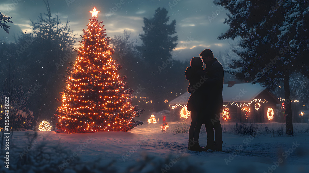 Obraz premium una pareja en navidad con un paisaje nevado con un arbol de navidad iluminado paisaje romantico y sentimental navideño decoracion navideña