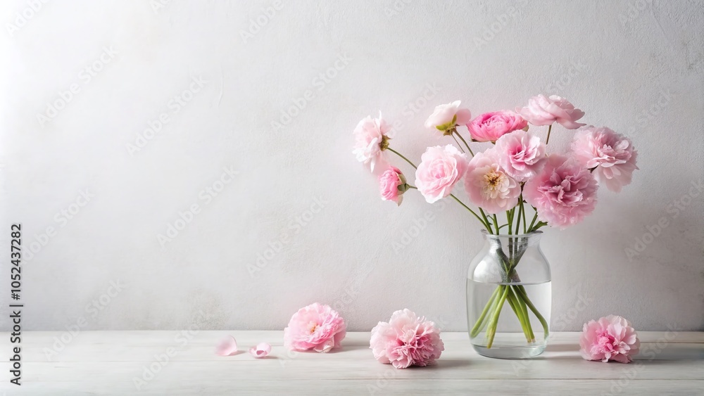 Minimalist Spring Background with Pink Flowers for Flatlay Photography and Copyspace Minimalist Spring Background with Pink Flowers for Flatlay Photography and Copyspace