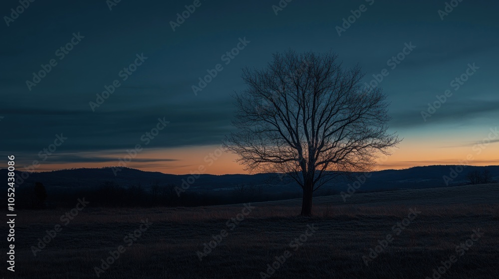 A solitary tree silhouetted against a twilight sky over rolling hills. A solitary tree silhouetted against a twilight sky over rolling hills.
