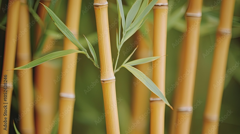 A close-up of vibrant bamboo stalks, highlighting their unique texture and green leaves amidst tall, yellowish stems. A close-up of vibrant bamboo stalks, highlighting their unique texture and green leaves amidst tall, yellowish stems.