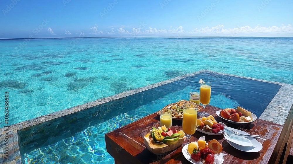 Obraz premium Tropical Paradise with Refreshing Drinks and Fruits