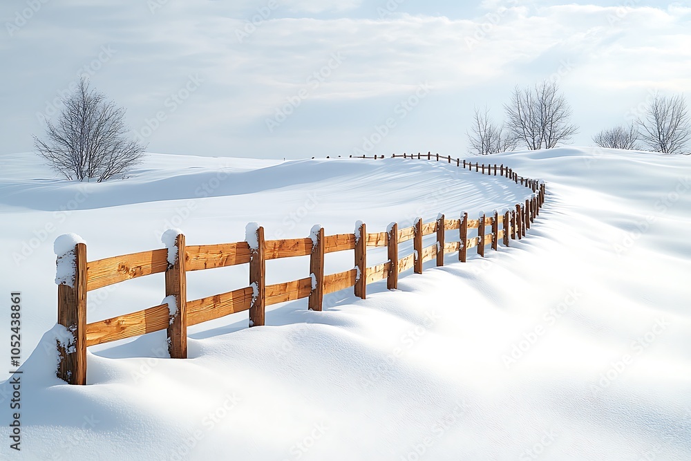 A wooden fence winds through a snowy landscape under a blue sky A wooden fence winds through a snowy landscape under a blue sky