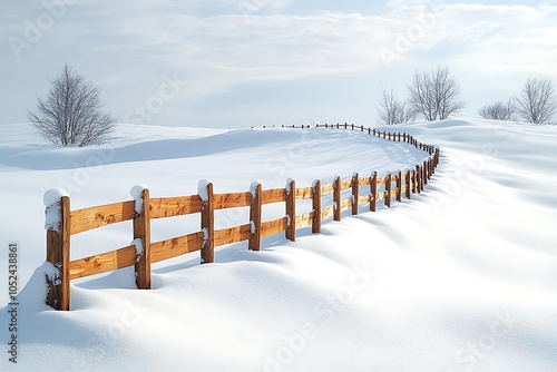 A wooden fence winds through a snowy landscape under a blue sky