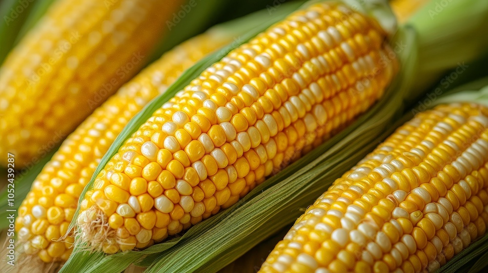 Close-up of fresh corn on the cob with green husks, showcasing its vibrant yellow kernels. Close-up of fresh corn on the cob with green husks, showcasing its vibrant yellow kernels.