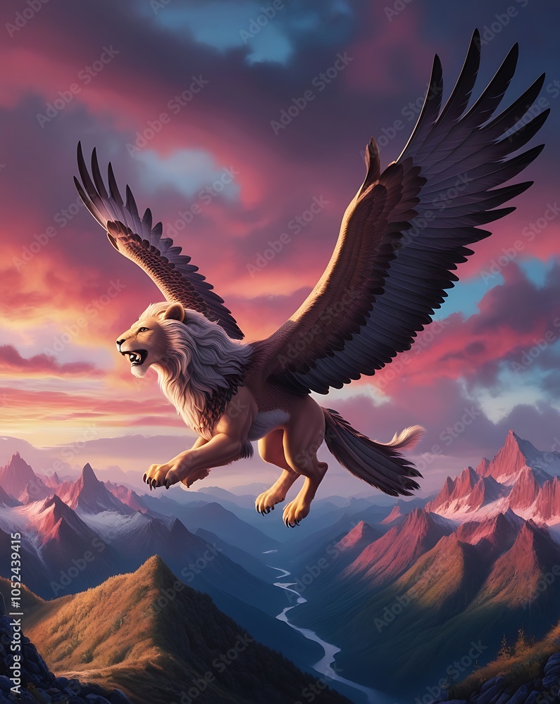 Obraz premium Legendary winged lion flying over a stunning sunset sky