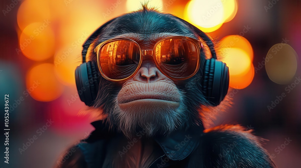 vibrant portrait of a party monkey wearing headphones against a colorful abstract backdrop, exuding playful energy and fun, ideal for a lively celebration theme