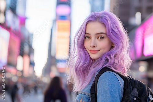 Wallpaper Mural Teenager with purple hair walks through a vibrant city street under warm sunlight Torontodigital.ca