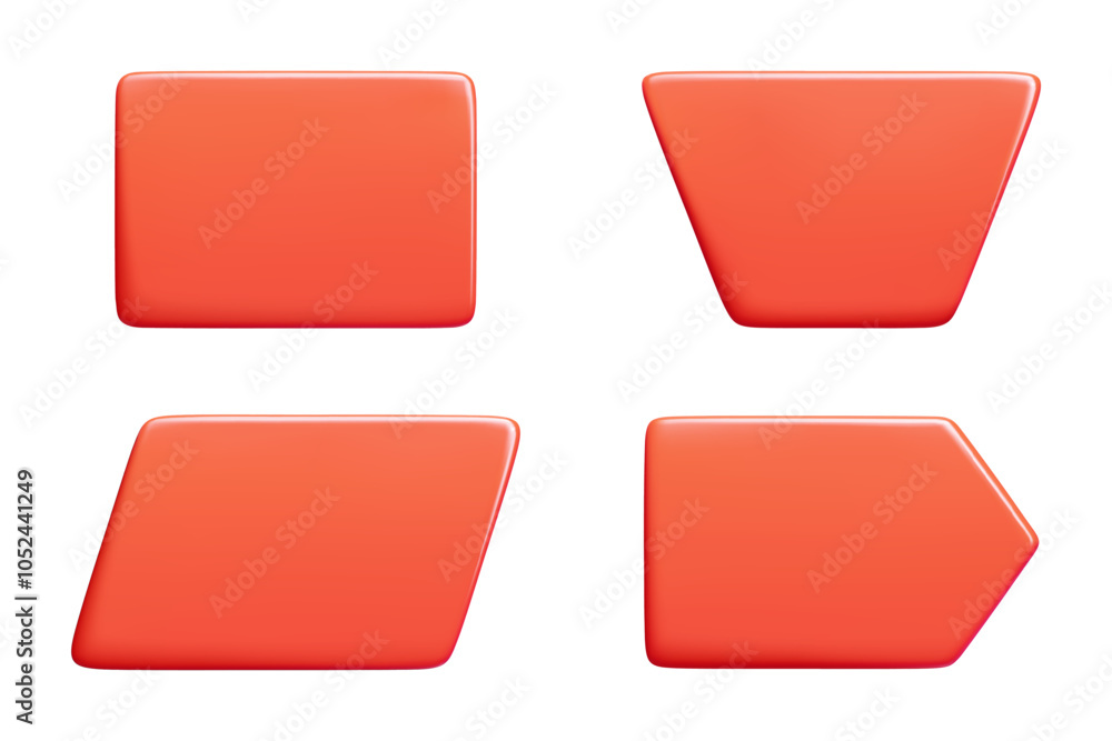 Fototapeta premium Red glossy text banner. 3d vector illustration set of bright rectangle and arrow message box. balloon notification frame and comment badge. Simple geometric shape quote border and textbox.