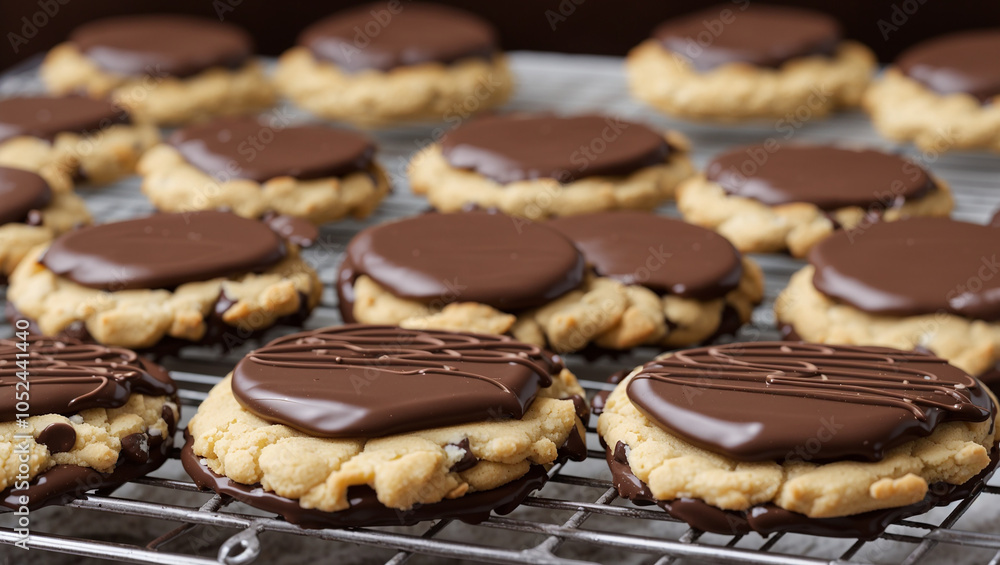 Many small cookies, topped with chocolate, are on a wire rack.
Many small cookies, topped with chocolate, are on a wire rack.