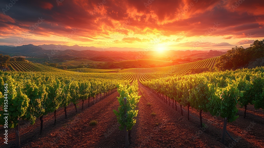 Naklejka premium Vineyard Rows Bathed in Golden Sunset Light