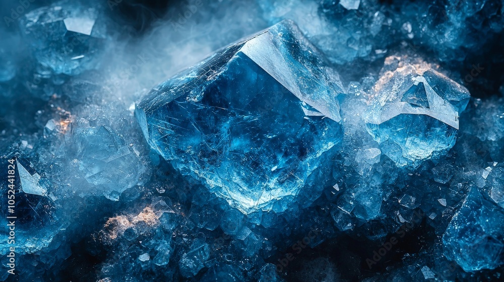 Close-up of sparkling blue crystals surrounded by smaller shards and mist. Close-up of sparkling blue crystals surrounded by smaller shards and mist.