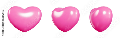 Pink 3D balloon hearts float in space. Love symbols display glossy surface with light reflections. Vector elements showcase smooth rounded shape. Perfect decorative icons enhance romantic designs.