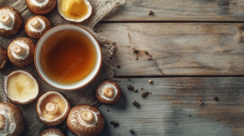 Fresh Mushrooms with Herbal Tea on Wooden Table Fresh Mushrooms with Herbal Tea on Wooden Table
