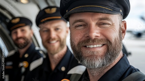 A group of pilots in uniform smile for the camera outside an airplane.