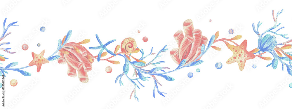 Fototapeta premium Sea corals, algae, shells, starfish, bubbles. Watercolor illustration hand drawn in coral, turquoise and blue colors. Seamless board isolated from background