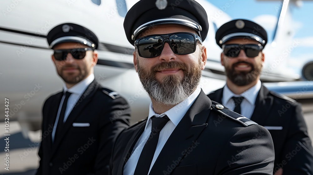 Three pilots in uniform stand in front of a private jet, smiling confidently. Three pilots in uniform stand in front of a private jet, smiling confidently.