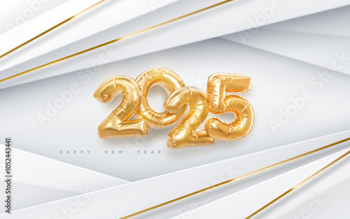 Happy New 2025 Year. Vector holiday illustration. 2025 golden foil balloons on paper white background. Gold balloon numbers. . Realistic 3d sign. Design element for festive poster or banner design