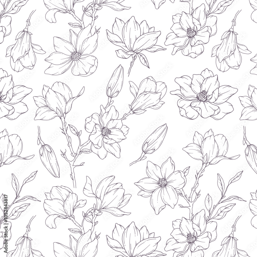 Hand Drawn magnolia Background. Magnolia Seamless Pattern Trendy graphics. Magnolia Line Art. Spring flowers seamless pattern. Magnolia pattern for luxury wallpapers, textile, wedding invitations Hand Drawn magnolia Background. Magnolia Seamless Pattern Trendy graphics. Magnolia Line Art. Spring flowers seamless pattern. Magnolia pattern for luxury wallpapers, textile, wedding invitations