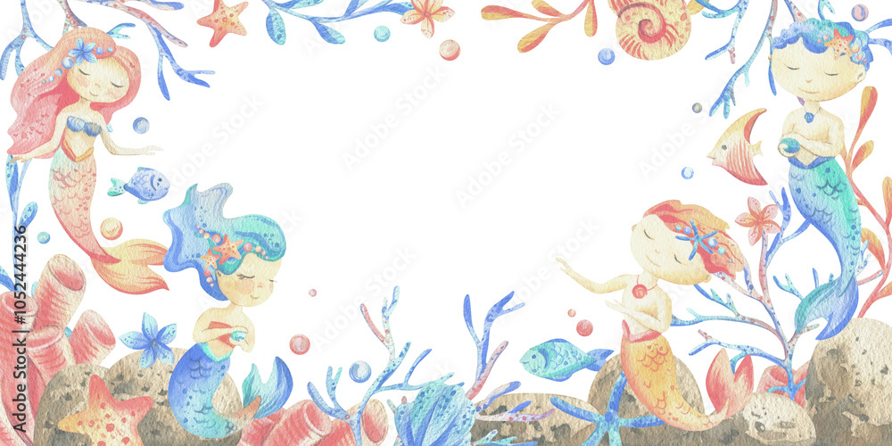 Fototapeta premium Mermaid little boy and girl with sea corals, algae, shells, starfish, fish, bubbles. Watercolor illustration hand drawn in coral, turquoise and blue colors. rectangular frame template