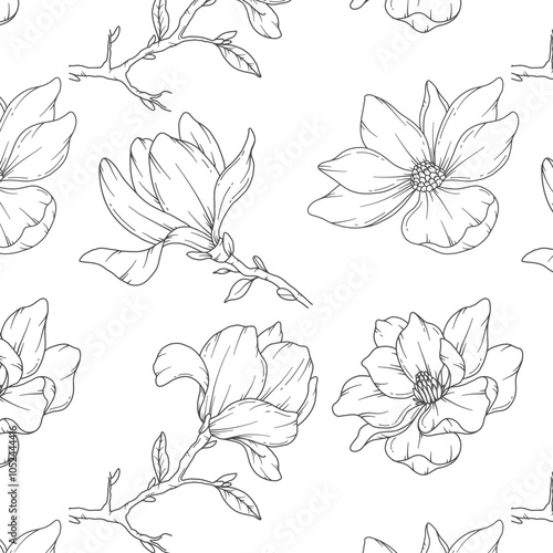 Hand Drawn magnolia Background. Magnolia Seamless Pattern Trendy graphics. Magnolia Line Art. Spring flowers seamless pattern. Magnolia pattern for luxury wallpapers, textile, wedding invitations