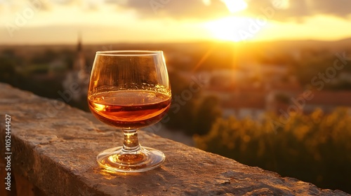 Brandy Sunset Elegance   Peaceful Moment on Stone Balcony with Glowing Light photo