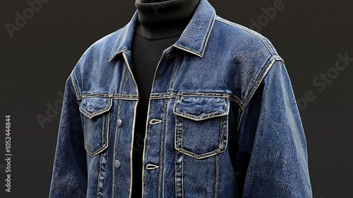 A close-up of a denim jacket worn over a black turtleneck, showcasing casual fashion style. photo