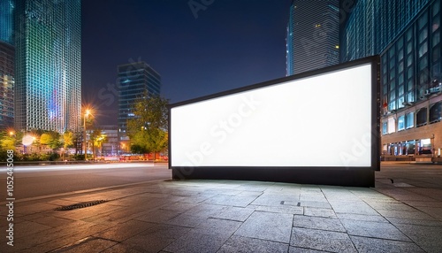 Blank illuminated signboard on a city street at night outdoors.