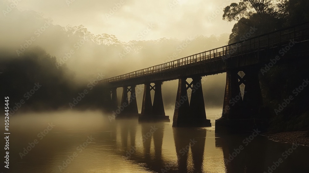 Misty Bridge Over Calm River at Dawn Misty Bridge Over Calm River at Dawn