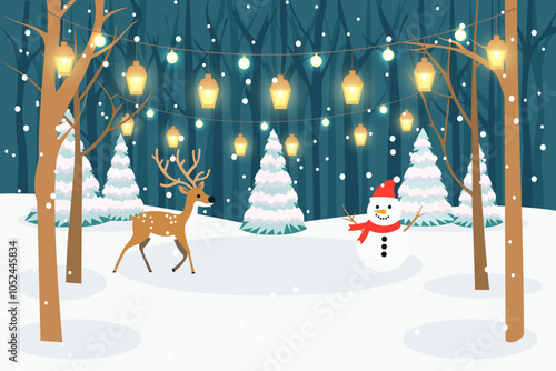 Snowman and deer in a beautiful Christmas forest with festive lanterns, snow-covered trees and fir trees in snowy weather. Christmas vector illustration with deer and snowman.