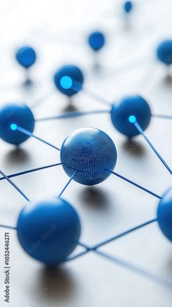 Abstract representation of a connected structure with blue spheres symbolizing network or system interactions and relationships.