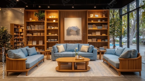 Modern living room interior design with wooden furniture, blue sofa and a round coffee table.