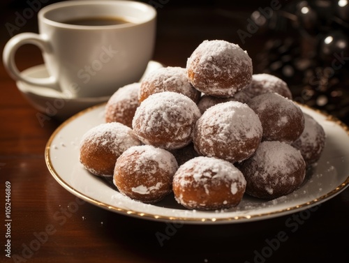 Hot chocolate mug paired with donut holes in a fun and festive Christmas time setup