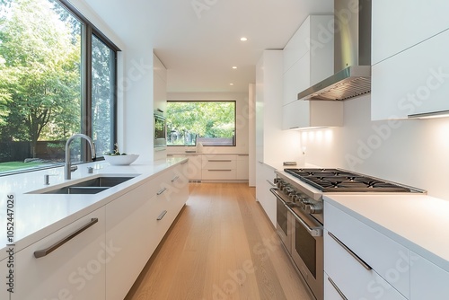 Wallpaper Mural Bright modern kitchen, hardwood floor, greenery outside window Torontodigital.ca