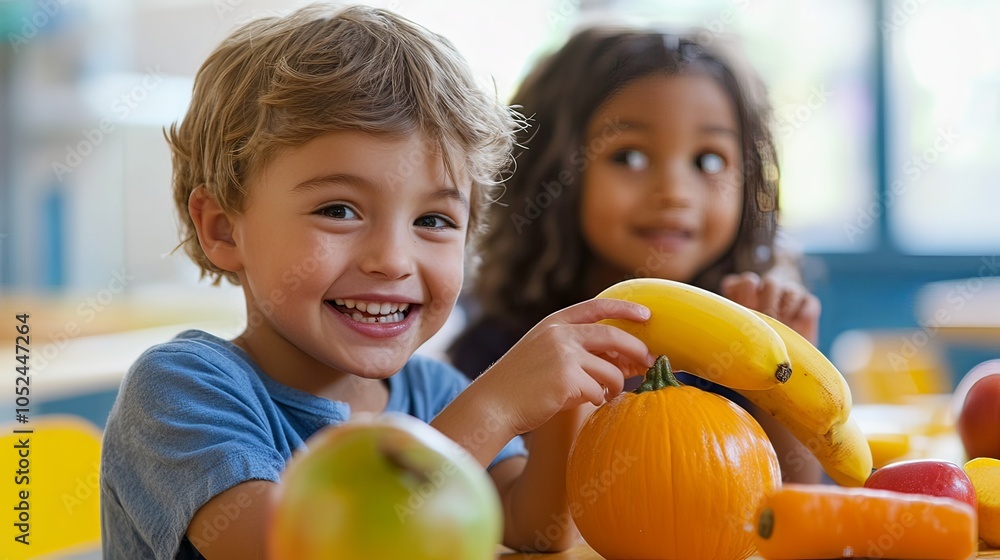 Fototapeta premium Vegetables and fruits that are ideal for school-aged children should provide essential vitamins, minerals, and fiber to promote growth, brain development, and immune support. 