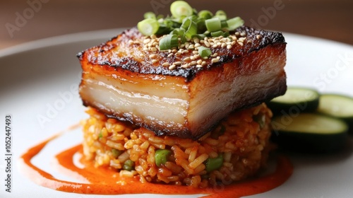 Grilled Pork Belly with Rice and Vegetables Garnish